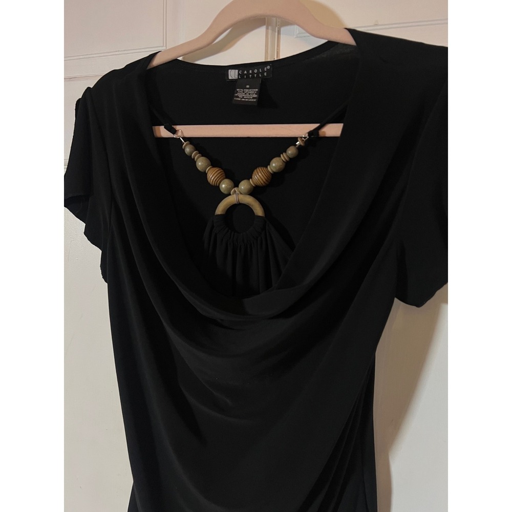 Carole Little Blouse XL Boho Y2K Wood Beaded Cowl Neck Black Short Sleeve Top - Picture 2 of 6